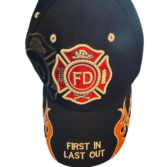 Fire Department Ballcap Hat Flame Design First In Last Out Velco Adjustable - Picture 1 of 8